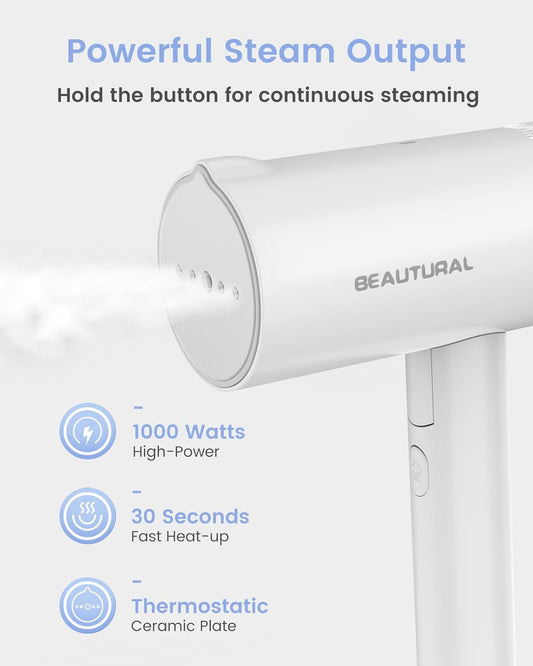 BEAUTURAL Steamer for Clothes, Portable Garment Wrinkle Remover, Fast 30s Heat-up, Foldable and Handheld, 120V Only (Not for 220V Europe)