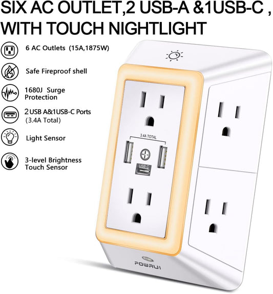 POWRUI Multi Plug 6 Outlet Surge Protector Extender with 3 USB Ports (1 USB C) and Night Light, 3-Sided Power Strip with Adapter Spaced Outlets, ETL Listed, White