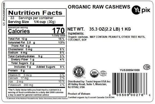 Yupik Organic Raw Cashews, 2.2 lb (35.2 oz), Kosher, Gluten-Free, Non-GMO, Vegan, Whole Nuts, Unsalted, Unroasted, Source of Protein & Iron, Nutritious, Crunchy, Healthy Snacks, For Baking & Cooking