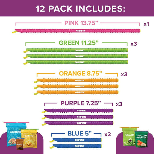 GripStic Bag Clips. 12pc Durable Food Clip Set For Kitchen Storage. Reusable Chip Bag Clips. Color Coded Bag Closure Sticks Provide Air Tight Seal. Chip Clips Reinvented.