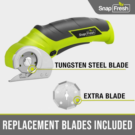 SnapFresh Cordless Electric Scissors, 4V Electric Mini Box Cutter, Carpet & Cardboard Cutter Tool with a Replacement Blade/Charger, Rotary Cutter for Cardboard Packages Leather Plastic (Green)
