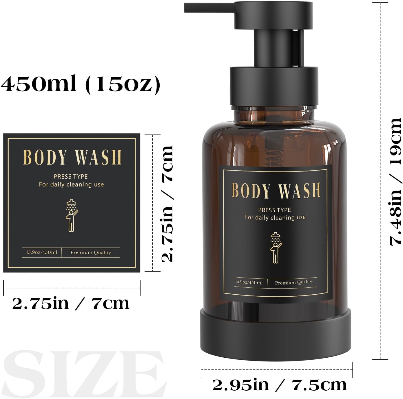 Luxspire Foaming Soap Dispenser, Glass Foam Pump Soap Dispenser, Non-Slip Hand Soap Bottle with 5 Waterproof Labels, 15 Oz Refillable Liquid Soap Bottle for Bathroom & Kitchen, Amber, 2 Pack