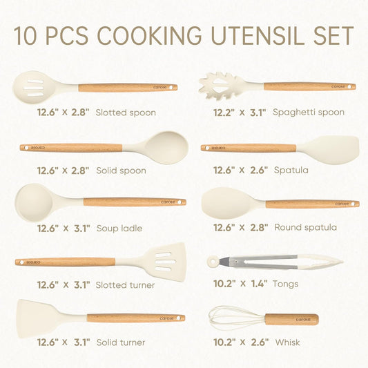 CAROTE Silicone Cooking Utensils Set, Kitchen Utensils Set 10 Pcs for cooking, BPA Free Spatula Set with Heat Resistant Wood Handles for Nonstick Cookware (Cream White)