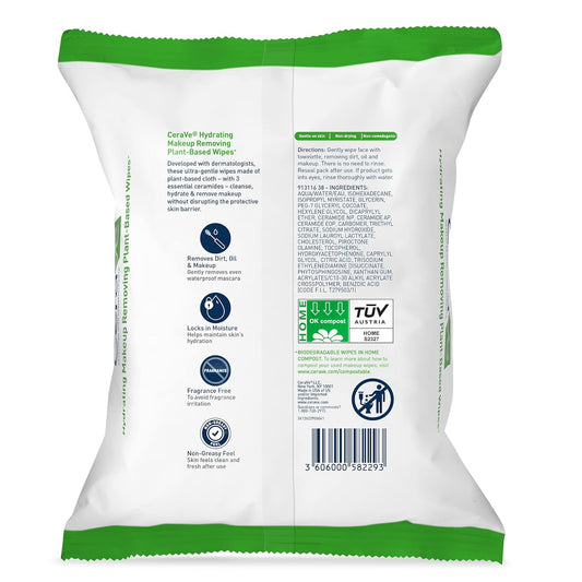 CeraVe Makeup Remover Wipes, Plant Based Face Wipes, Biodegradable in Compost, Waterless Face Wash, Travel Essentials for Women, Suitable for Sensitive Skin, Fragrance-free + Non-comedogenic, 25ct