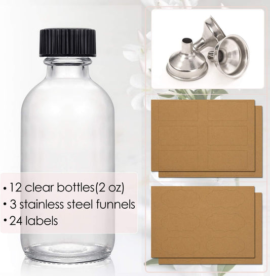 12 Pack, 2 oz Small Clear Glass Bottles w/Lid & 3 Funnels - 60ml Boston Shot Bottles for Health, Immunity, Potion, Wellness, Sample, Ginger, Juice - Mini Personal Care & Beauty Travel Bottle