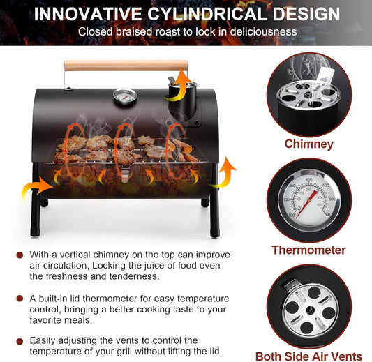 Joyfair Portable Charcoal Grill with Thermometer, Small Tabletop Barbecue Grill for Outdoor Camping Backyard Party BBQ Cooking, Extra Thick Steel & Heavy Duty, Innovative Design & Easy Assembly