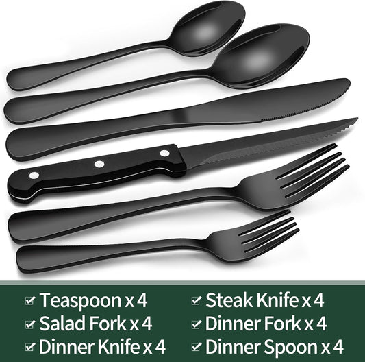 EWFEN 24-Piece Silverware Set with Steak Knives, Food-Grade Stainless Steel Tableware Cutlery Set for 4, Mirror Finished Flatware Utensil for Home Restaurant Black