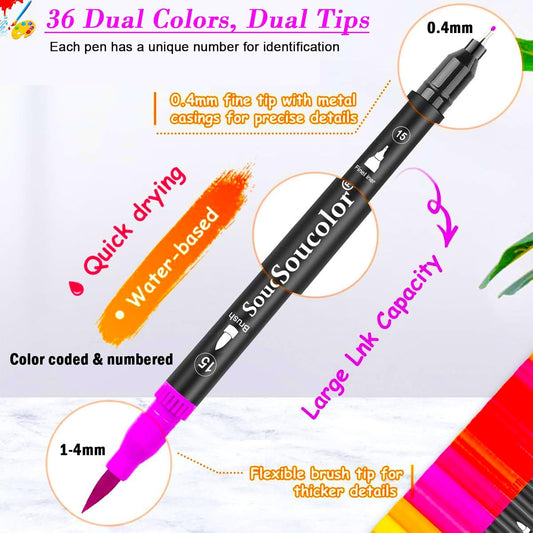 Soucolor Art Brush Markers Pens for Adult Coloring Books, 36 Colors Numbered Dual Tip (Brush and Fine Point) Marker Pen for Kids Note taking Planner Hand Lettering Calligraphy Drawing Journaling