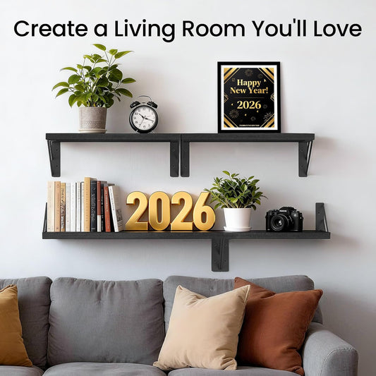 BAYKA Wall Mounted Floating Shelves, Wood Floating Wall Shelf for Books & Decor, Small Space-Saving Display & Organizer(Black,Set of 4)