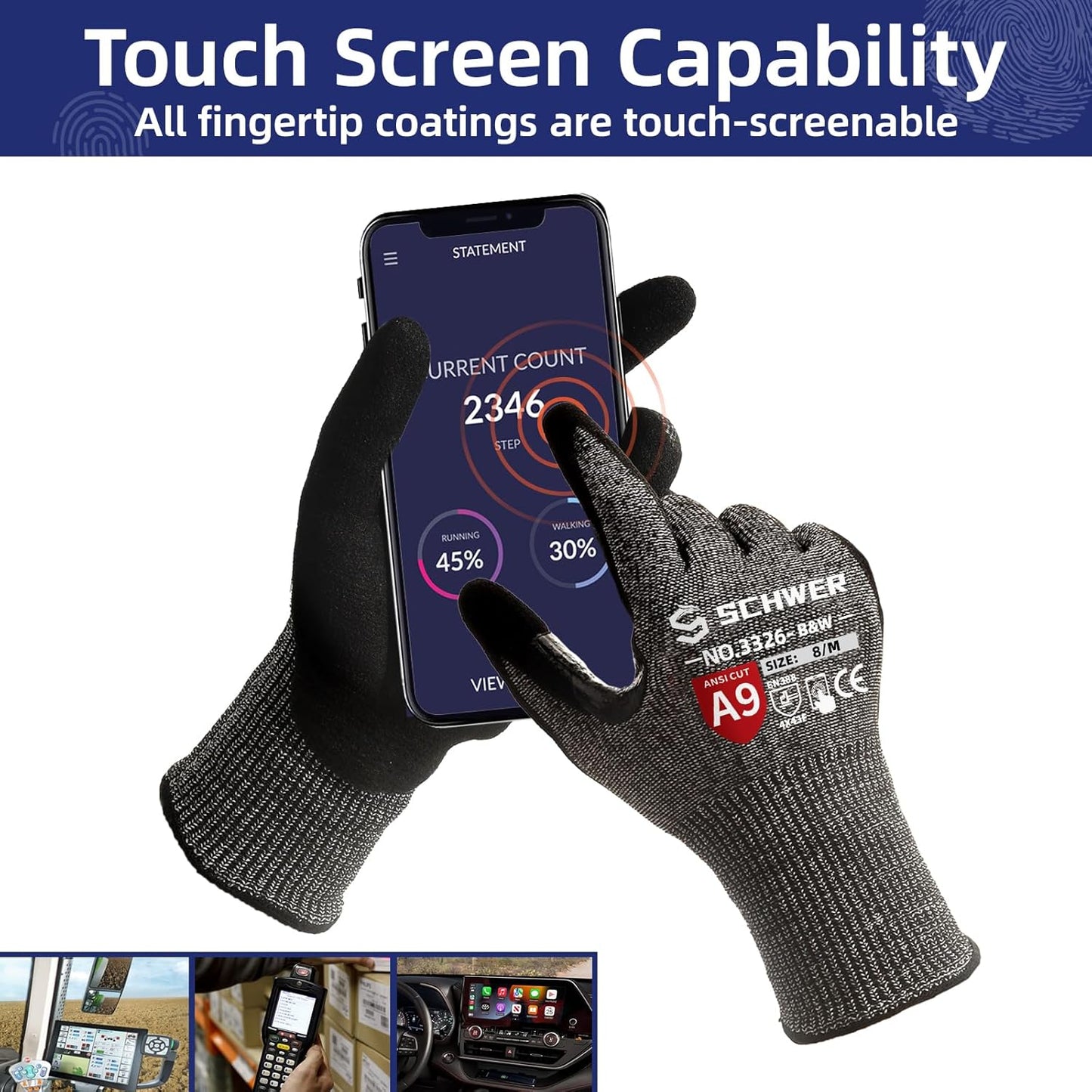 Schwer ProGuard Highest Level Cut Resistant Work Gloves PR3326 for Extreme Protection,ANSI A9 Cut Gloves with Reinforced Thumb, Non Slip, Breathable, Durable, Touch-screen, Non PFAS, Black 1 Pair(L)