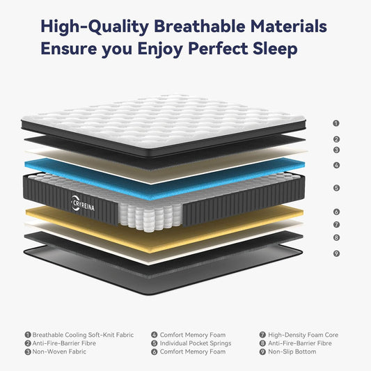 Queen Mattress 12 inch, Hybrid Mattress in a Box, Individually Pocket Springs, Medium Firm Feel for Pressure Relief, Breathable Comfort, CertiPUR-US Certified, Gray&White