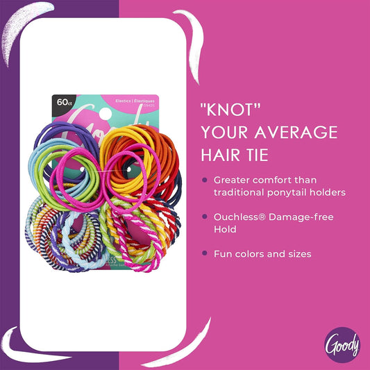 Goody Kids Ouchless Hair Elastics, 60 Ct Assorted Colors, Perfect Stocking Stuffer & Holiday Gift for Girls & Boys, No Pull or Breakage, Tangle-Free Hold for Fine Hair, Long-Lasting Ponytail Holders