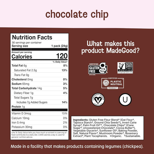 MadeGood Soft Baked Chocolate Chip Mini Cookies, Gluten Free & Safe For School Snacks, 30 Count
