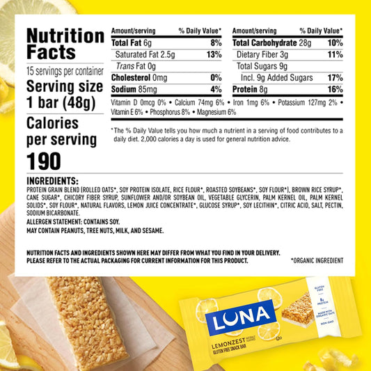 LUNA Bar - LemonZest Flavor - Gluten Free Snack Bars - Non-GMO - Protein Bars - Made with Organic Oats - Value Pack (12 Pack)