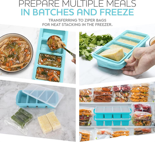 Silicone Freezer Tray With Lid - Soup Freezer Container molds - Large Ice Cube Tray- makes 8 perfect 1 cup portions cubes, 2-Pack Freezer Storage Food Soups & Meal Prep - Oven & Dishwasher -Safe