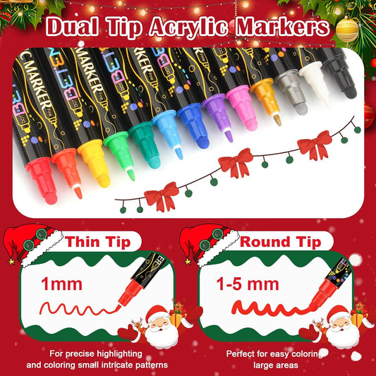 Betem 24 Colors Dual Tip Acrylic Paint Pens Markers, Premium Acrylic Paint Markers Stocking Stuffers for Rock, Wood, Fabric, Glass, Canvas, Ceramic, Christmas Gifts for Teens DIY Crafts Art Supplies