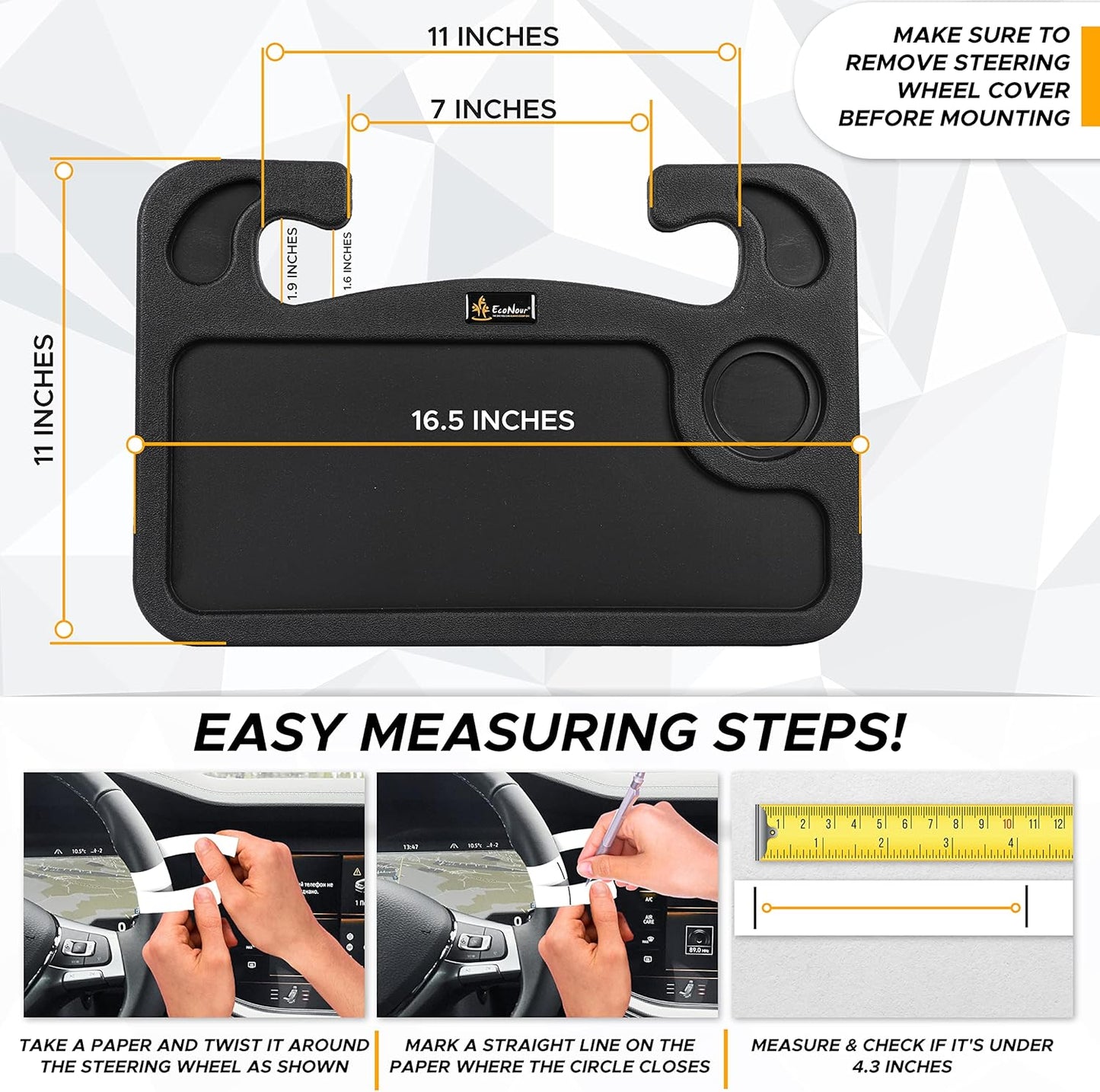 EcoNour 2 in 1 Car Steering Wheel Desk | Tray for Laptop Car Mount with Pen Holder | Desk Console for Car | Food Tray for Eating with Drinks Holder | Multipurpose Travel Car Accessories