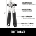 GORILLA GRIP Heavy Duty Stainless Steel Smooth Edge Manual Can Opener, Soft Comfortable Handle, Large Handheld Turn Knob, Built-In Bottle Openers, US Designed, Holiday Prep Kitchen Essential, Black