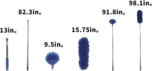 Cobweb Duster with Extension Pole, Washable Cleaning Duster Kit with 2 Duster Heads, Cobweb Duster, Corner Brush, Aluminum Telescoping Pole for Ceiling Fan (Blue)