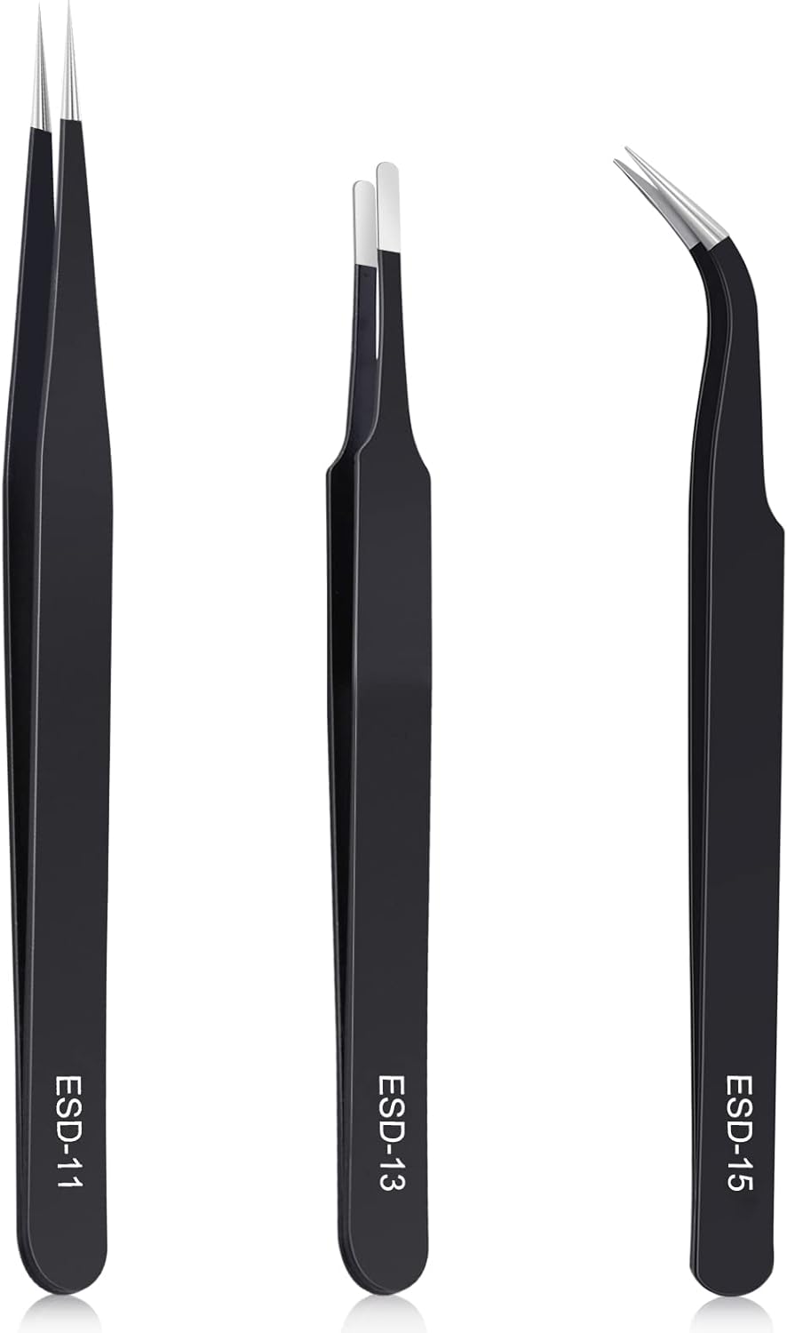 3PCS Precision Tweezers Set, Upgraded Anti-Static Stainless Steel of Tweezers, for Electronics, Soldering, Laboratory Work, Jewelry-Making, Model, Craft