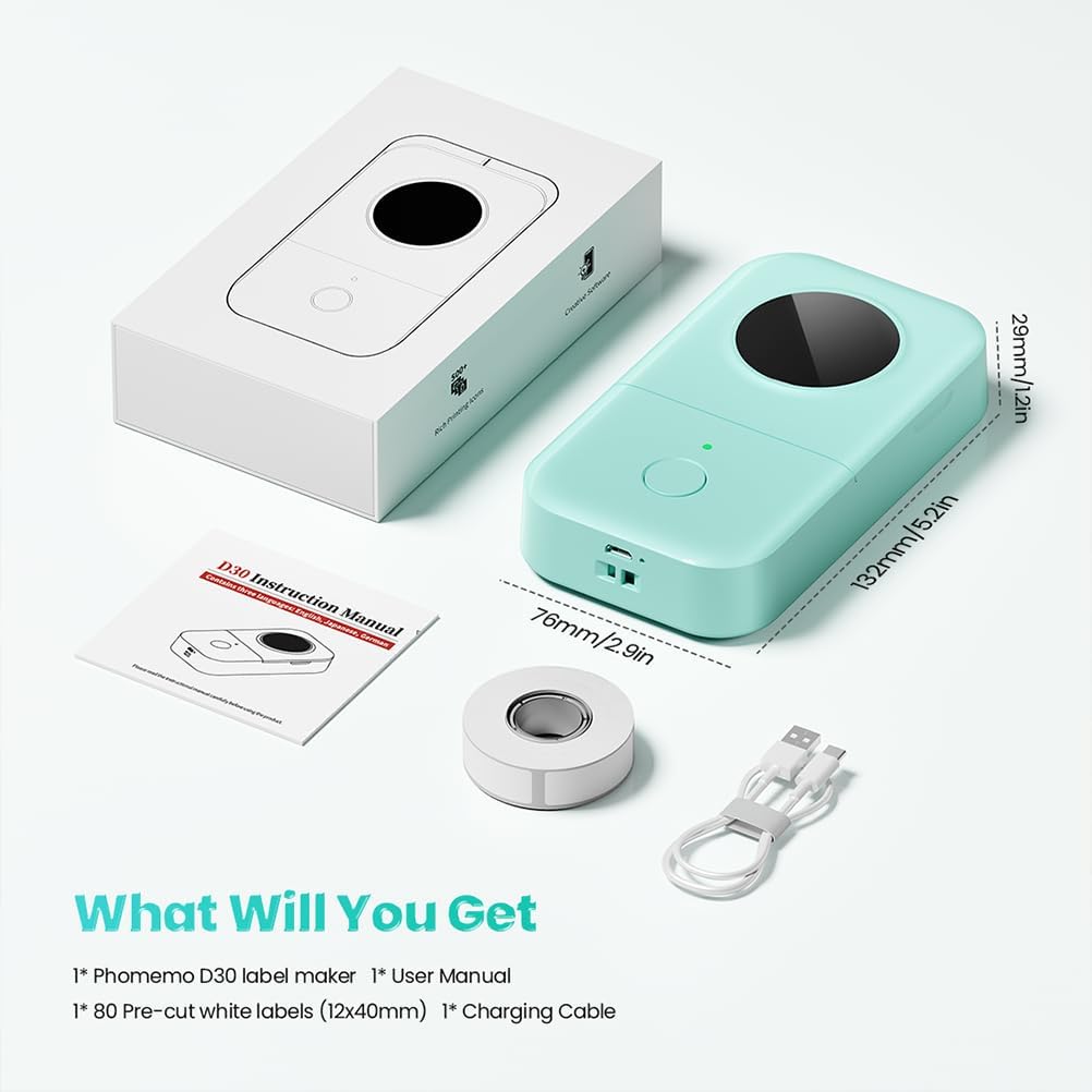 Phomemo Label Maker, D30 Portable Bluetooth Mini Label Printer Machine, Smartphone Handheld Thermal Sticker Small Labeler Multiple Templates Fonts Icon Inkless Custom Label for Home Kids, School Item