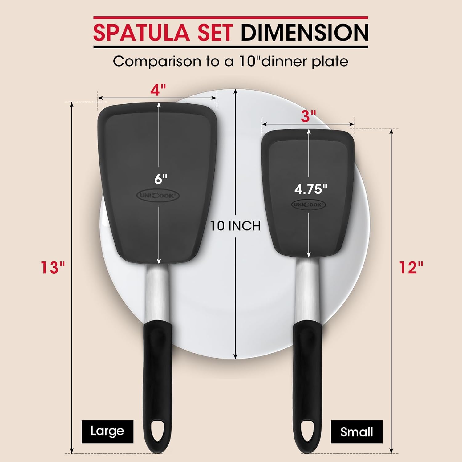 Unicook 2 Pack Flexible Silicone Spatula, Turner, 600F Heat Resistant, Ideal for Flipping Eggs, Burgers, Crepes and More, Black