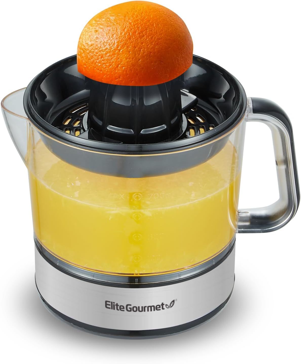 Elite Gourmet ETS623 BPA-Free 40-Watt Electric Citrus Juicer, Compact, Large Volume, Pulp Control, Oranges, Lemons, Limes, Grapefruits with Easy Pour Spout, 24oz, Black/Stainless Steel