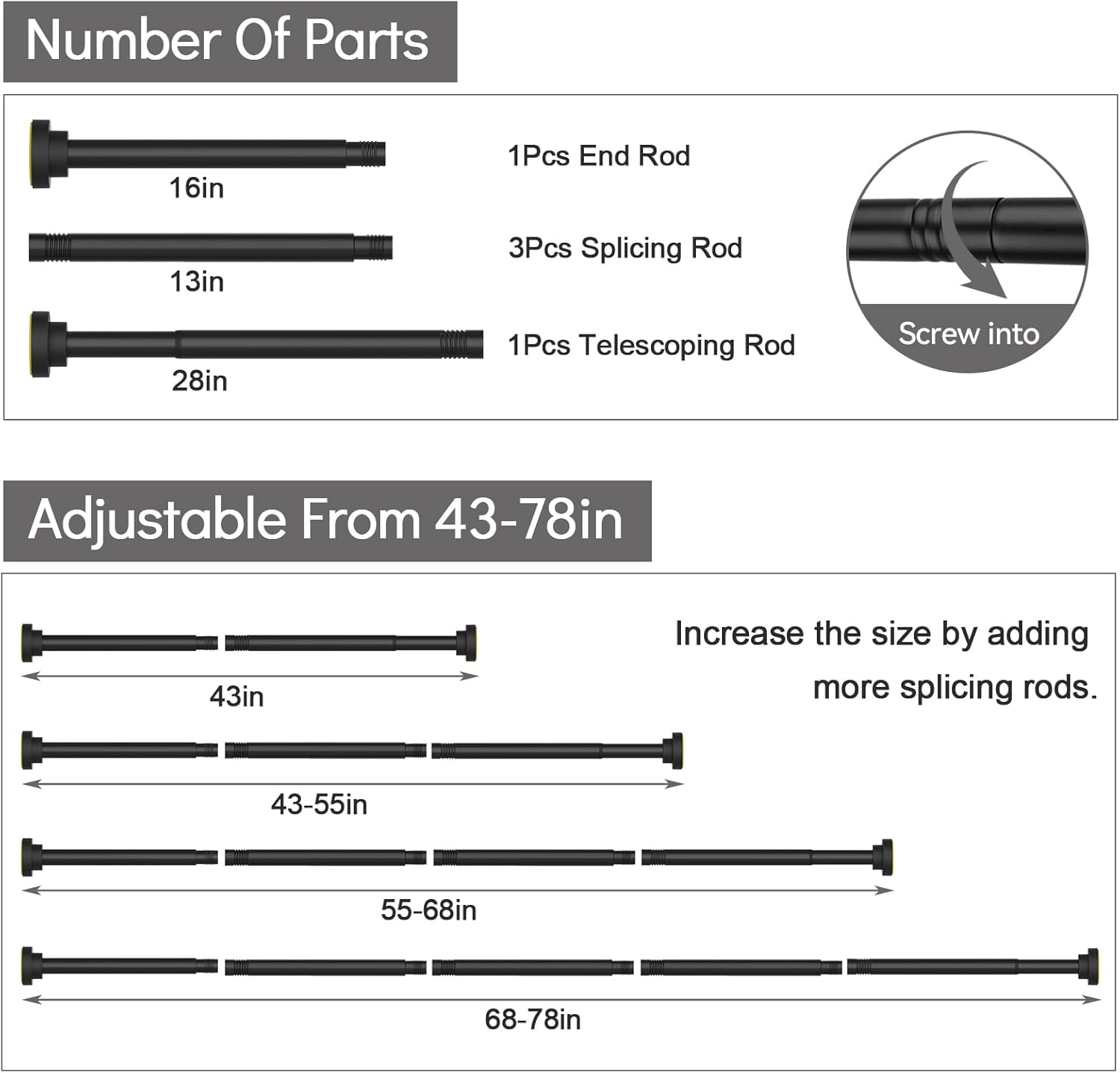 Shower Curtain Rod Adjustable 43-78 inch, 1"Diameter Spring Tension Curtain Rod No Drill, Anti-Rust Non-Slip Shower Rod, Black Shower Curtain Rod for Bathroom Tension