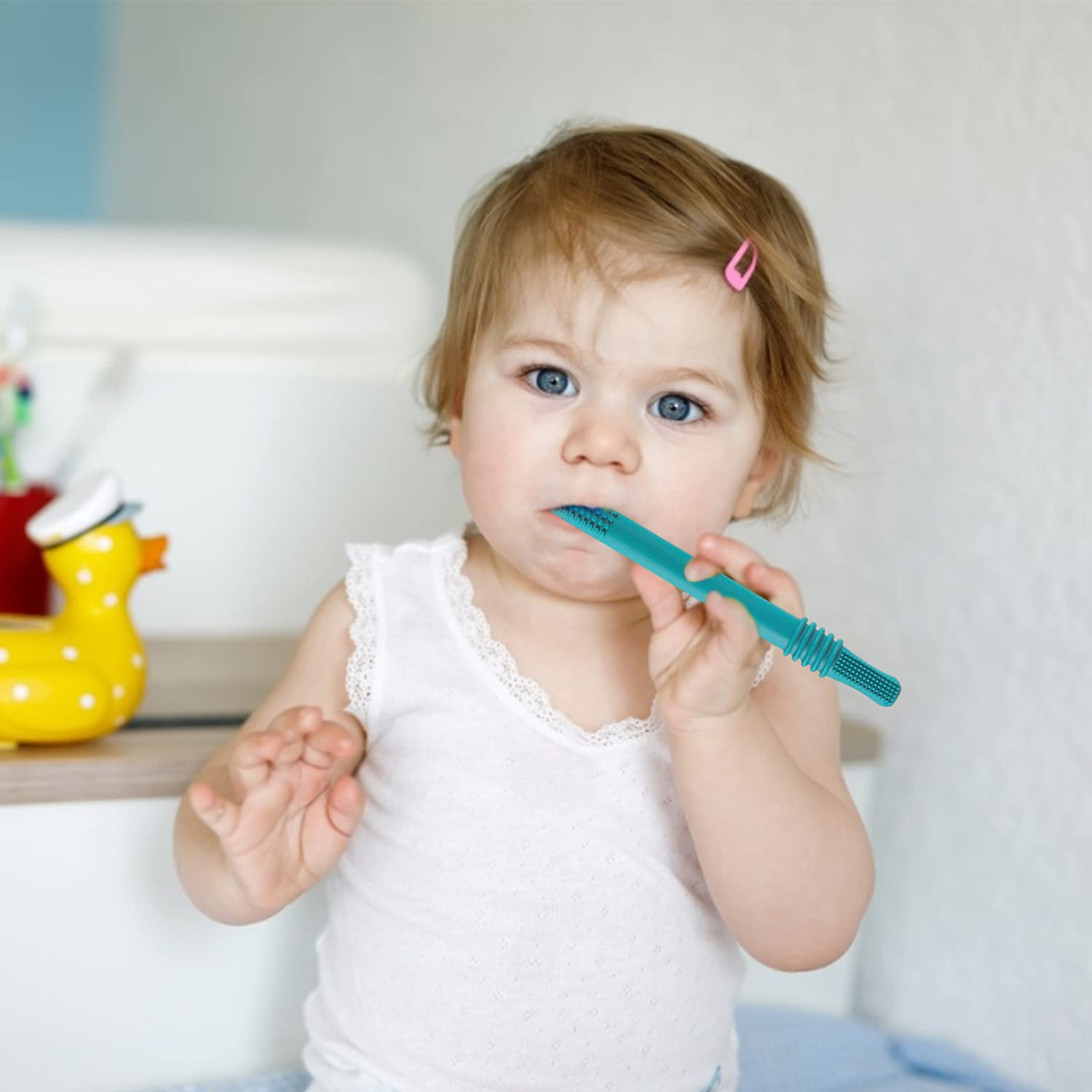 Fu Store Hollow Teether Tube Chew Straw Sensory Toy for Infant Toddlers Silicone Tubes Teething Toys for Babies 18-36 Months Gifts Learning Developmental Toys BPA Free Freezable 6 Pack