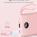 VRURC Portable Charger Power Bank, 10000mAh Travel Essentials Battery Pack, 5 Outputs 2 Inputs Slim Charging Bank Built-in Cables Cords Wires Compatible with iPhone,Samsung,Android-Pink(1 Pack)
