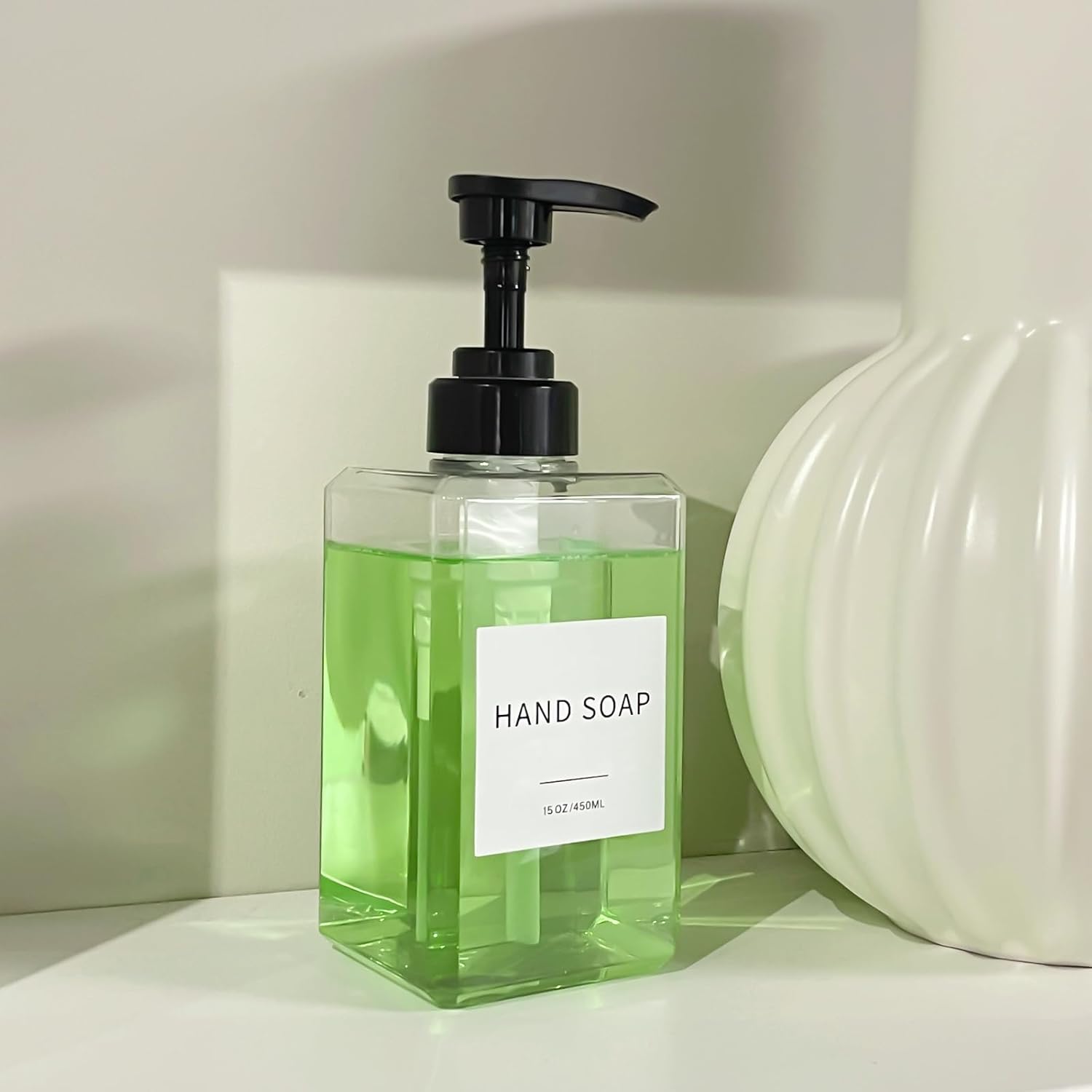 Clear Soap Dispenser with Waterproof Labels, Thickened Plastic Hand Soap Dispenser for Bathroom, Kitchen Dish Washing Liquid Bottles, Shampoo and Conditioner Bottles with Funnel (15oz 2Pack Clear)