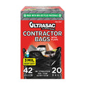 Ultrasac Contractor Bags 42 Gallon (20 PACK/w FLAP TIES), 32.75 x 44.5-3 MIL Thick Large Black Heavy Duty Industrial Garbage Trashbags for Professional Construction and Commercial use