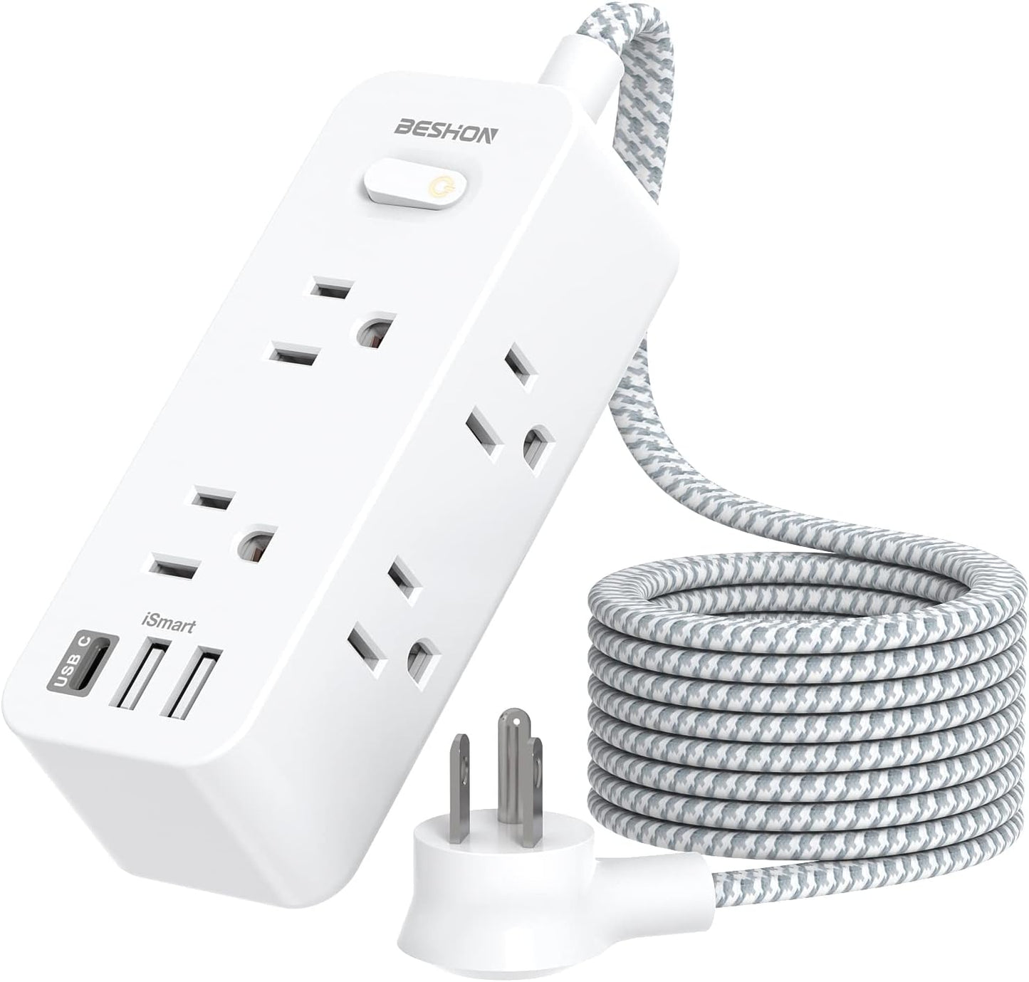 Power Strip Surge Protector, BESHON 5Ft Extension Cord, 6 Outlets with 4 USB Ports (2 USB C Outlet), 3-Side Outlet Extender, Wall Mount, Compact for Travel, Home, School, College Dorm Room and Office