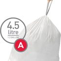 simplehuman Code A 90 Count, Dispenser Pack Custom Fit Liners, Drawstring Trash Bags, 4.5 Liter / 1.2 Gallon, White