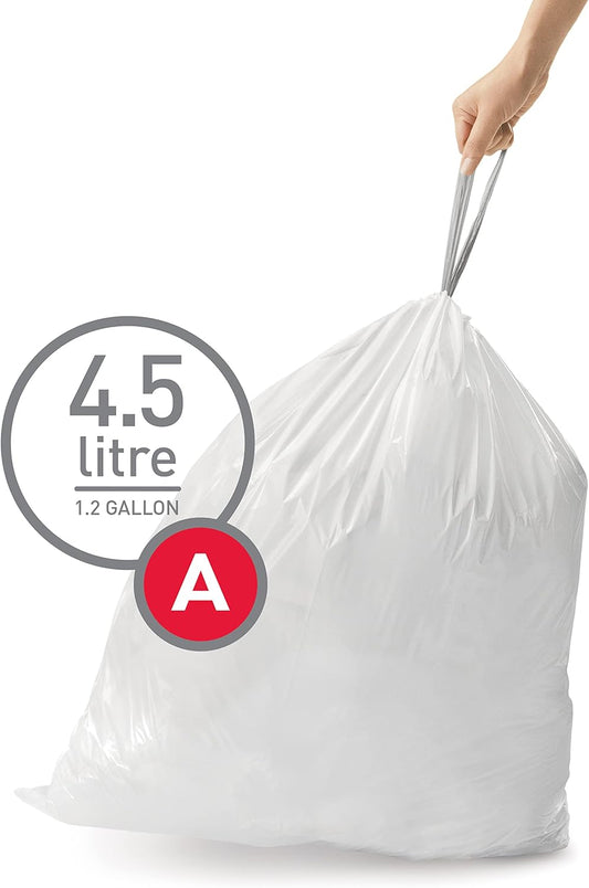 simplehuman Code A 90 Count, Dispenser Pack Custom Fit Liners, Drawstring Trash Bags, 4.5 Liter / 1.2 Gallon, White