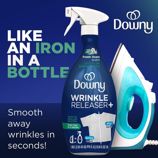 Downy Wrinkle Releaser Spray All In One Wrinkle Release Spray Travel Size, Odor Eliminator, Static Remover Fabric Refresher & Ironing Aid for Clothes 3 Fl Oz (Pack of 2), Crisp Linen Scent