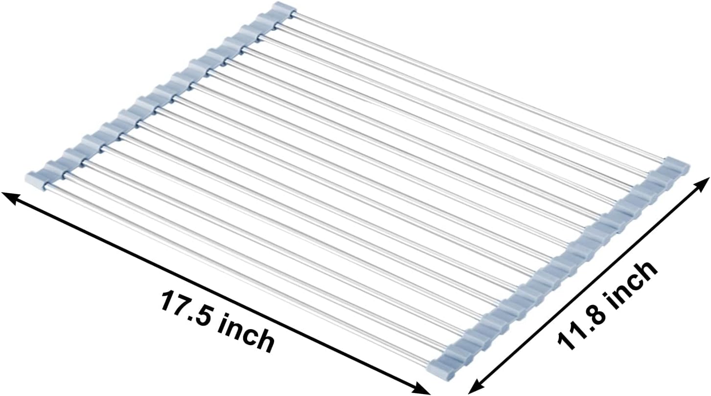 MECHEER Over The Sink Dish Drying Rack, Roll Up Dish Drying Rack Kitchen Dish Rack Stainless Steel Sink Drying Rack, Foldable Dish Drainer, 17.5''x11.8''