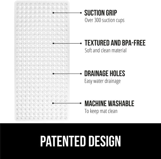 GORILLA GRIP Patented Bath Tub Shower Mat, Machine Washable Bathtub Floor Liner Mats, Suction Cups and Drain Holes to Keep Tubs Clean, Soft on Feet, Bathroom Essentials, 35x16 Inch, Clear