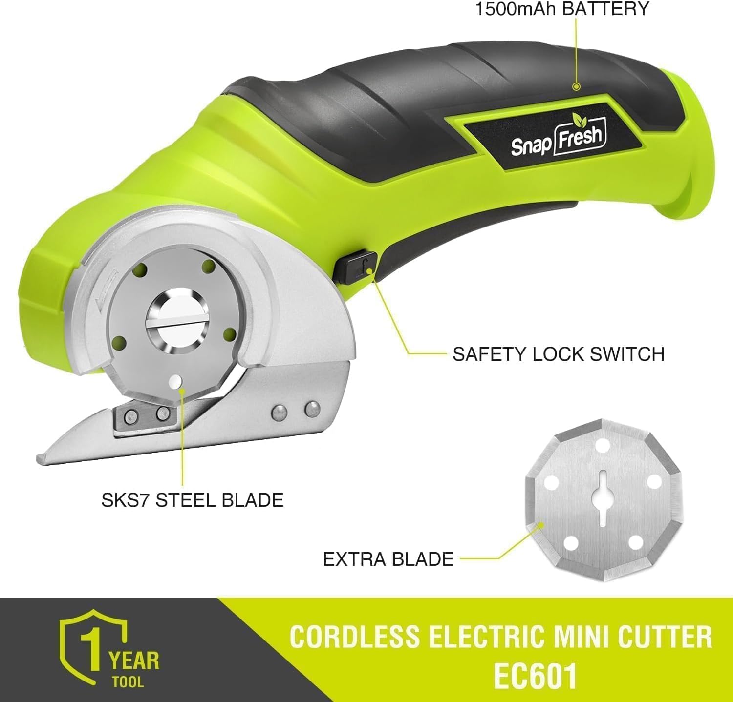 SnapFresh Cordless Electric Scissors, 4V Electric Mini Box Cutter, Carpet & Cardboard Cutter Tool with a Replacement Blade/Charger, Rotary Cutter for Cardboard Packages Leather Plastic （Green）