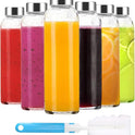 Clear Glass Bottles with Lids 18 oz, Reusable Glass Water Bottles with Stainless Steel Cap for Refrigerator, Juicing, 100% Leak Proof, BPA Free, Juice Bottle Drinking Jar Containers Set of 6