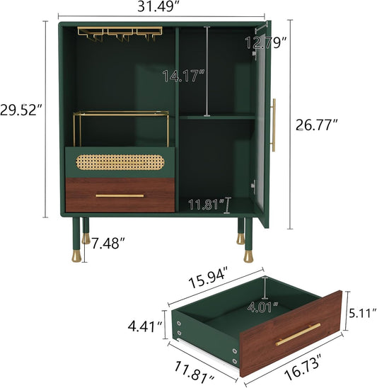 ARTPOWER Modern Coffee Bar Cabinet with Wine Glass Rack and Drawers, Green Liquor Cabinet with Pull-Out Wine Storage for Kitchen, Dining Room, Living Room