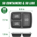 50 Pack (100-Piece) 32 oz Meal Prep Containers Reusable with Lids 3-Compartment, To Go Take Out Plastic Food Storage Containers, Sturdy Leakproof Food Safe, Microwave Freezer Dishwasher Safe, Black