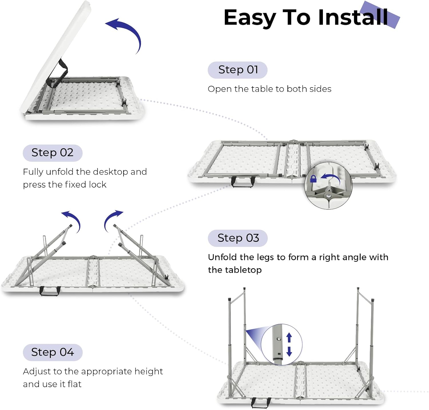 Folding Table 4 Foot Portable Heavy Duty Plastic Fold-in-Half Utility Table Small Indoor Outdoor Adjustable Height Folding with Carrying Handle, Camping and Party,White