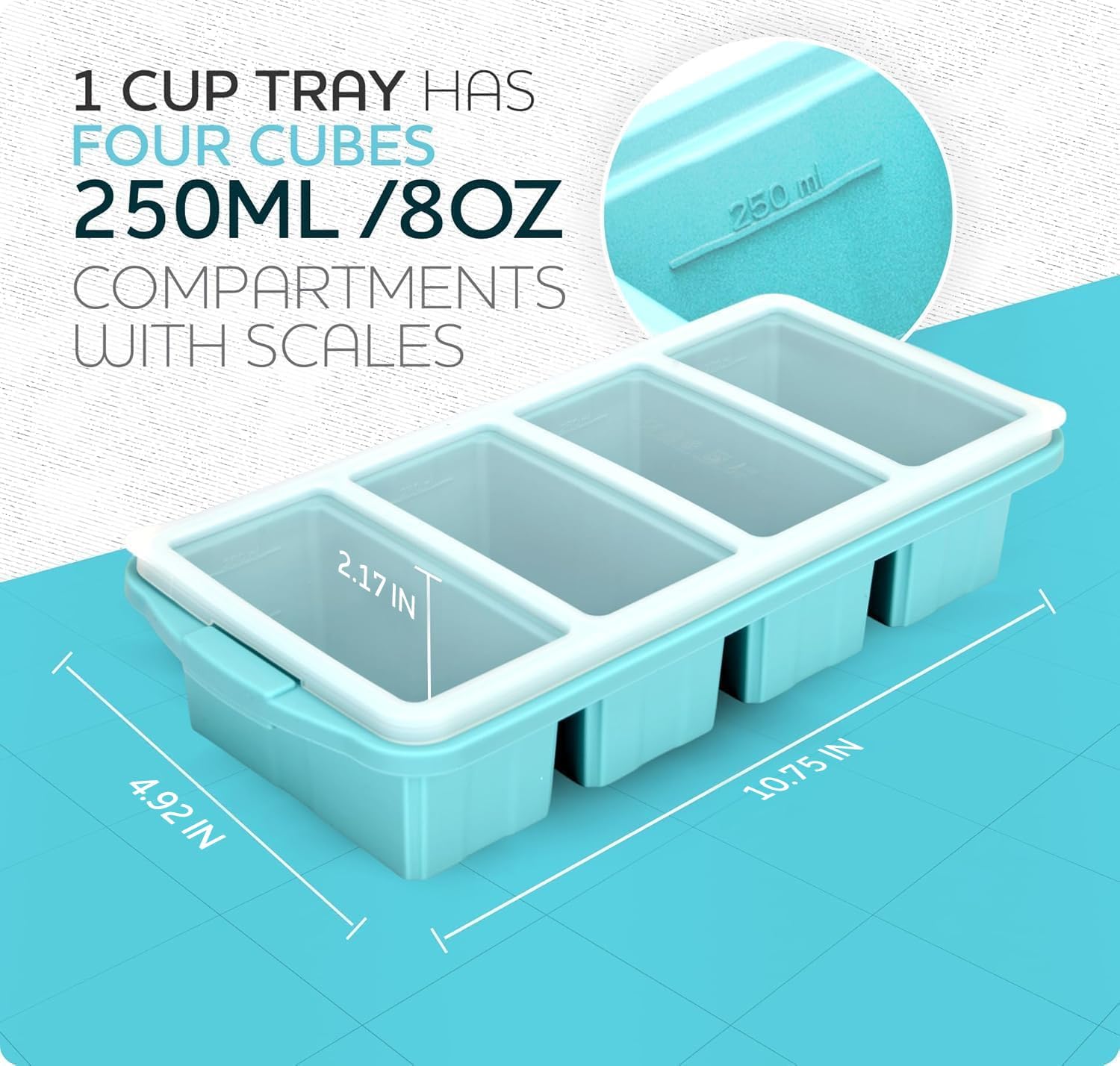 Silicone Freezer Tray With Lid - Soup Freezer Container molds - Large Ice Cube Tray- makes 8 perfect 1 cup portions cubes, 2-Pack Freezer Storage Food Soups & Meal Prep - Oven & Dishwasher -Safe