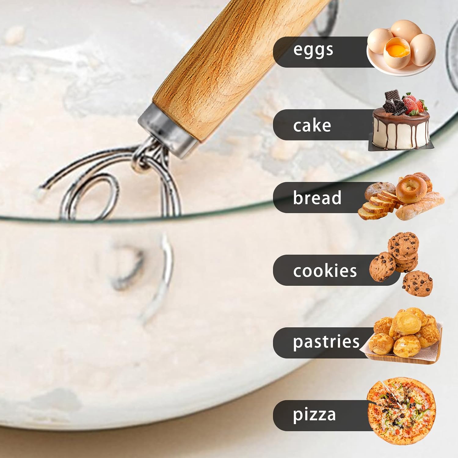 TEEVEA Danish Dough Whisk Stainless Steel Dough Hook Dutch Whisk for Sourdough Bread Dough Mixer Hand Wooden Handle Kitchen Whisking Mixing Tool Bread Making Tools and Supplies