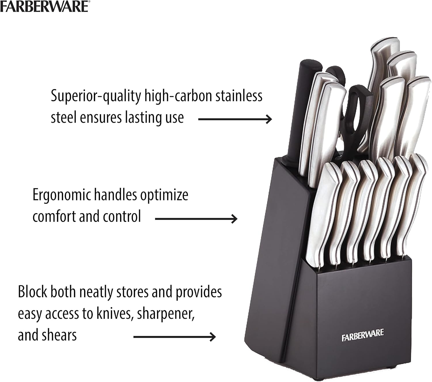 FARBERWARE 15-Piece Kitchen Knife Set with High-Carbon Stainless Steel Blades, Black Handles, Steak Knives, Wood Block, Razor Sharp and Ergonomic