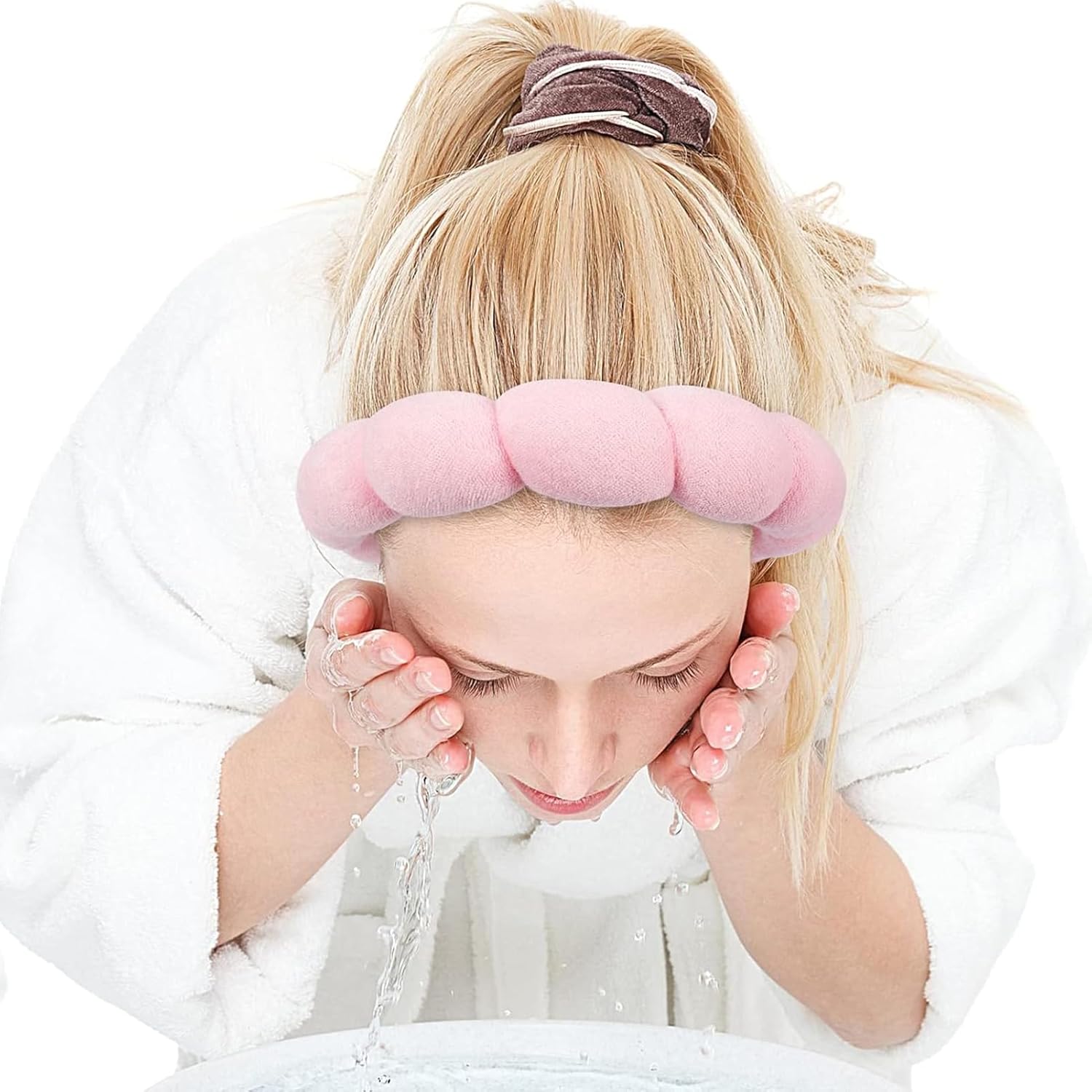 Zkptops Spa Headband for Washing Face Wristband Sponge Makeup Skincare Headband Terry Cloth Bubble Soft Get Ready Hairband for Women Girl Puffy Padded Headwear Non Slip Thick Hair Accessory(Pink)