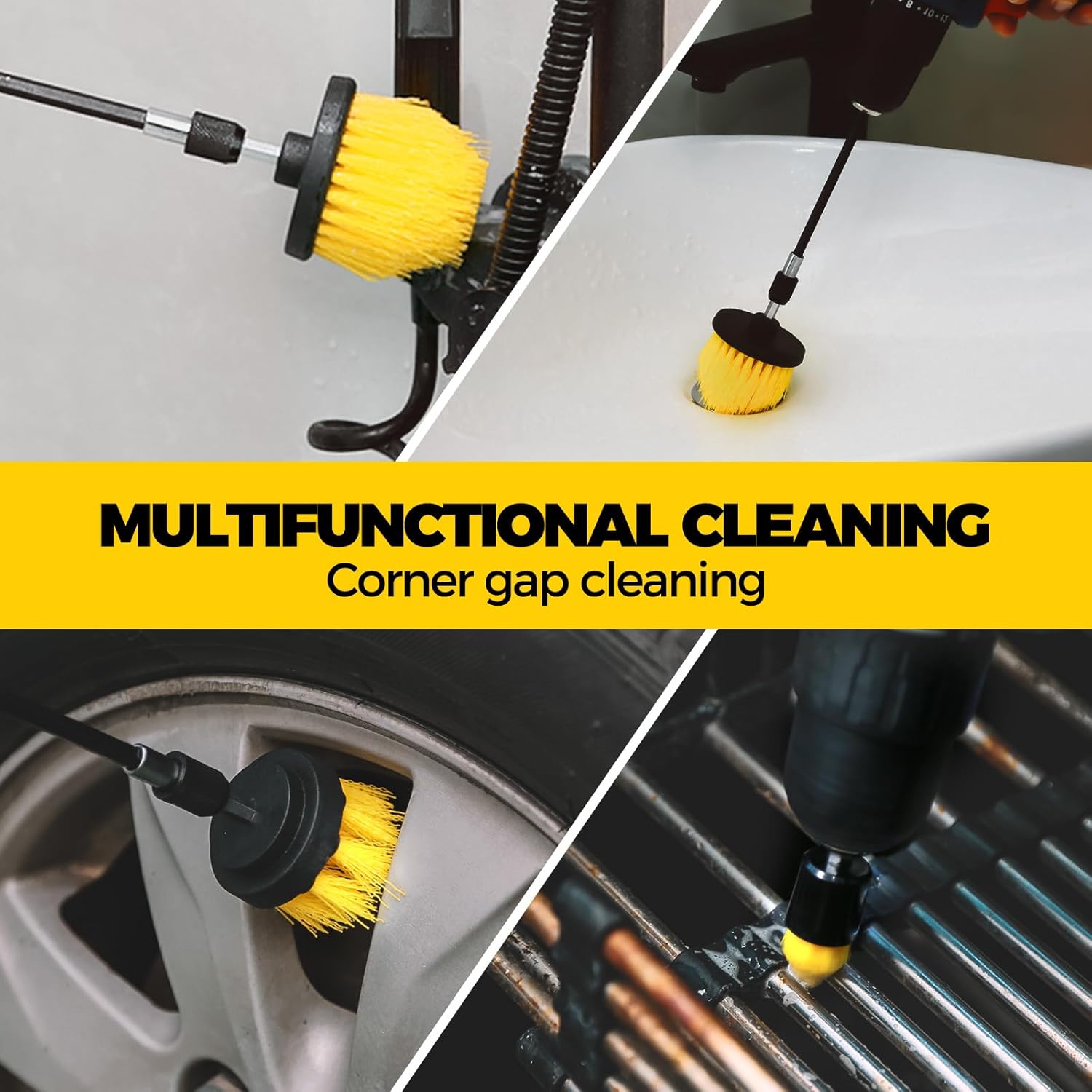 Holikme 6Pack Drill Brush Power Scrubber Cleaning Brush Extended Long Attachment Set All Purpose Drill Scrub Brushes Kit for Grout, Floor, Tub, Bathroom and Kitchen Surface,Scratch Brushes（Yellow）