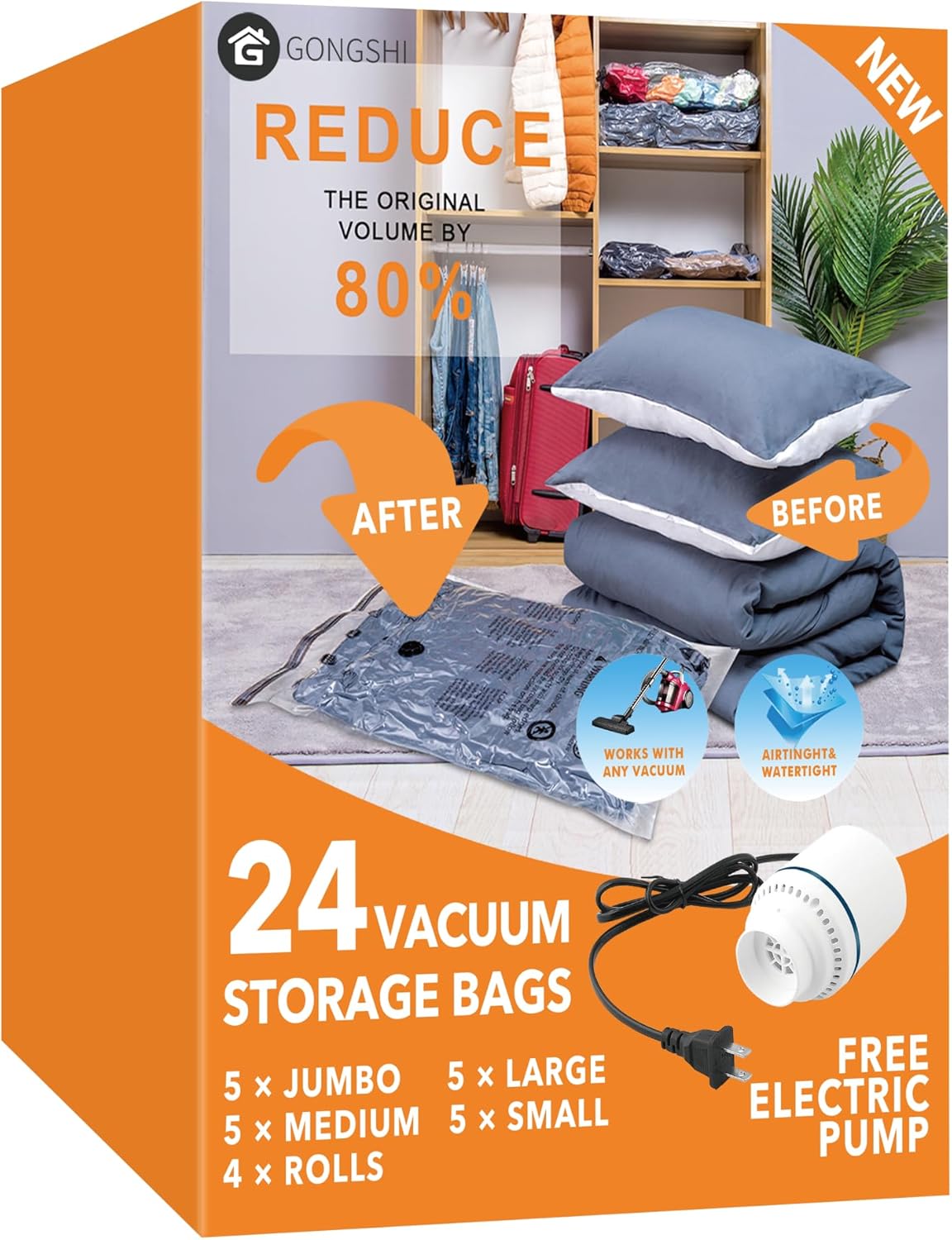 GONGSHI Vacuum Storage Bags, Space Saver Seal Bags For Clothing, Blankets, Comforters, Pillows, Clothes Storage,Travel Luggage,24 Combo-EPUMP