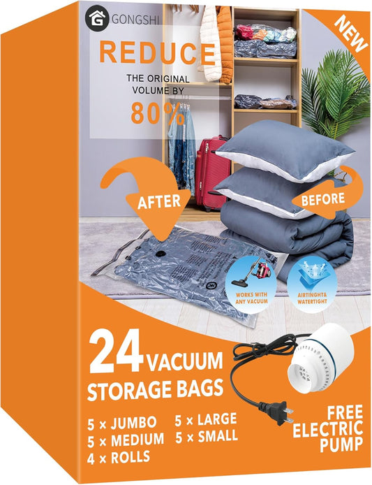 GONGSHI Vacuum Storage Bags, Space Saver Seal Bags For Clothing, Blankets, Comforters, Pillows, Clothes Storage,Travel Luggage,24 Combo-EPUMP